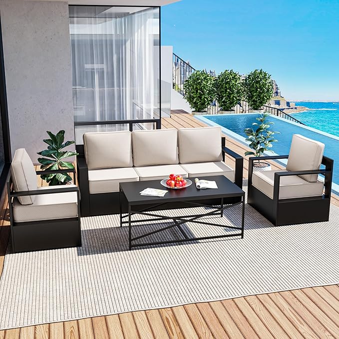 Outdoor Patio Furniture Set, 4-Piece Aluminum Patio Conversation Set All-Weather Metal Outdoor Sectional with 6 Inch Thick Cushions, Deep Setting for Garden, Outside and Porch