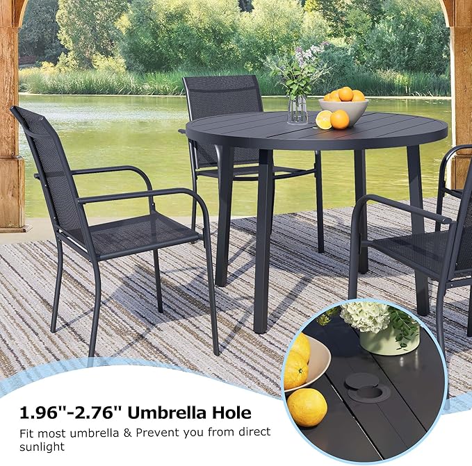 7 Pieces Round Dining Table Set for 6, Patio Dining Set Includes 6 Black Stackable Patio Chairs and 1 Black Round Table Set of 6, Patio Furniture Sets with Sling Support for Outside, Garden