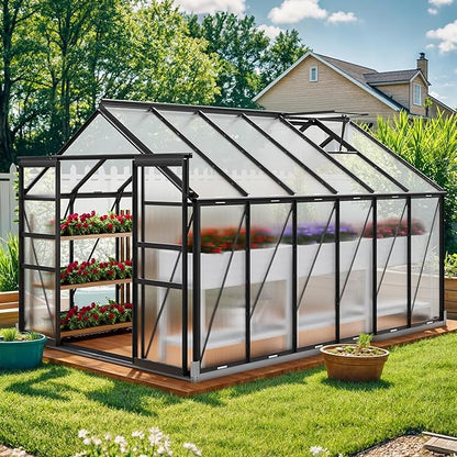 YITAHOME 12x8FT Polycarbonate Greenhouse Large Heavy Duty Green Houses Outdoor Aluminum Greenhouses with Sliding Doors Vent Window Walk-in Greenhouse for Garden Backyard, Black