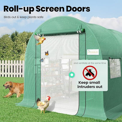 KING BIRD Premium 15x6.6x6.6FT Greenhouse for Outdoors, Large Walk-in Heavy Duty Galvanized Frame, Screen Mesh Door Window Reinforced Zipper Tunnel Hoop for Garden Plant Winter, Green