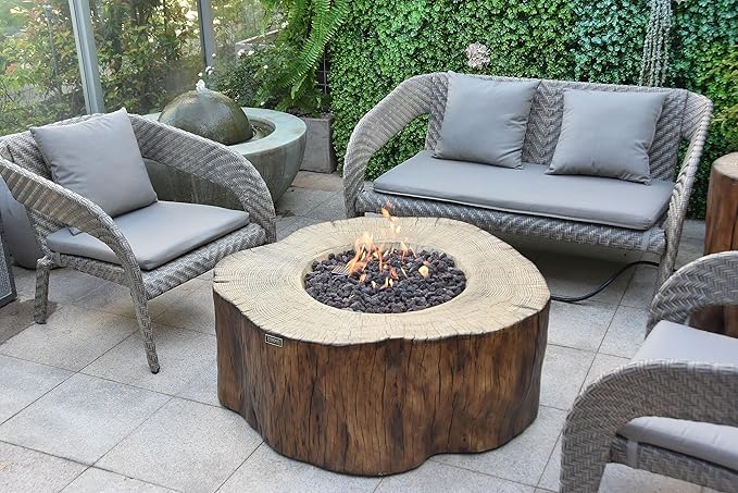 Elementi | Manchester Gas Fire Pit Cast Concrete Semi-Round Fire Table, Outdoor Fire Pit Electronic Ignition | Canvas Cover, Lava Rock Included | Red Wood (Propane Gas)