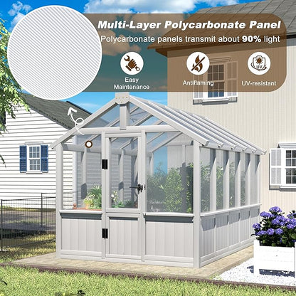 BlueWish 6x10 FT Greenhouse for Outdoors, Walk-in Green House with Cedar Frame, Adjustable Vent, Wood Greenhouses with 6MM Polycarbonate Panel, Greenhouse for Outside, Garden, Backyard, White
