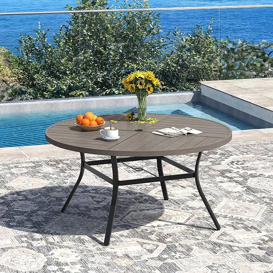 DIFY 50" Round Outdoor Patio Dining Table for 6, All-Weather Metal Steel Slatted Patio Table with 1.57" Adjustable Umbrella Hole, for Lawn Garden Porch Backyard, Grey Wood-Like