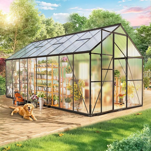 Wanan 16x8FT Greenhouses for Outdoors, Quick Assembly Polycarbonate Green House with UV Protection, Heavy Duty Windproof Aluminum Frame, Adjustable Roof Vent for Backyard or Outdoor Garden Use