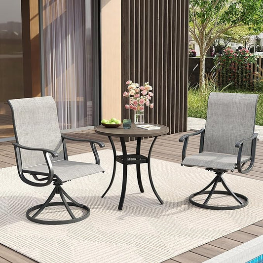 VICLLAX Patio Dining Set for 2, 3 Pieces Outdoor Furniture Includes 27.5" Small Round Patio Table and 2 Outdoor Swivel Chairs for Lawn Garden, Grey Wood Grain Tabletop and Grey Fabric