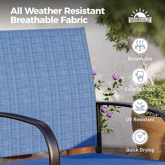 7 Piece Patio Dining Set for 6, Rectangular Metal Dining Table with Umbrella Hole and 6 Chairs, Outdoor Table and Chairs Set for Lawn Backyard and Deck, Blue
