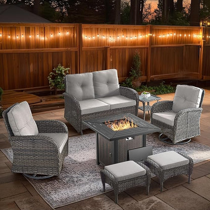 7 Piece Patio Furniture Set with Fire Pit Table - Wicker Patio Conversation Set with Swivel Glider, Glider Loveseat, Side Table and 2 Ottomans for Deck Backyard - Brown Wicker Beige Cushion