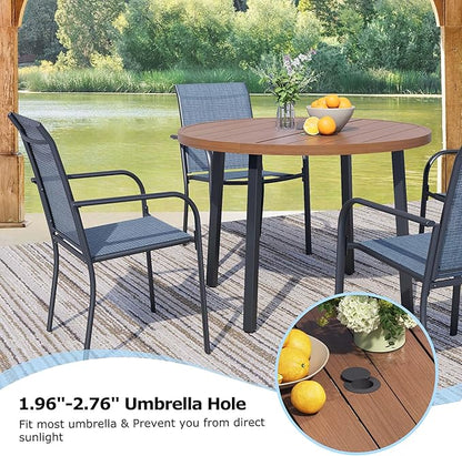 5 Pieces Round Dining Table Set for 4, Patio Dining Set Includes 4 Blue Stackable Patio Chairs and 1 Walnut Round Table, Patio Furniture Sets with Sling Support for Outside, Garden