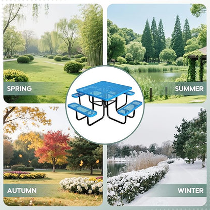 46Inch Square Picnic Table for 8 Person, Outdoor Heavy Duty Sturdy Picnic Tables with 4 Benches & Umbrella Hole, Commercial Metal Patio Picnic Table for Garden, BBQ, Coffee Store, Party, Porch (Blue)