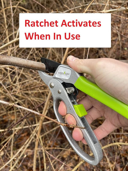 GARDEN GURU Professional Ratchet Pruning Shears Clippers – 4X Cutting Power – Ratcheting Garden Anvil Pruners Scissors - Ergonomic Grip - Makes Tough Cuts Easy - Great for Seniors & Arthritic Hands