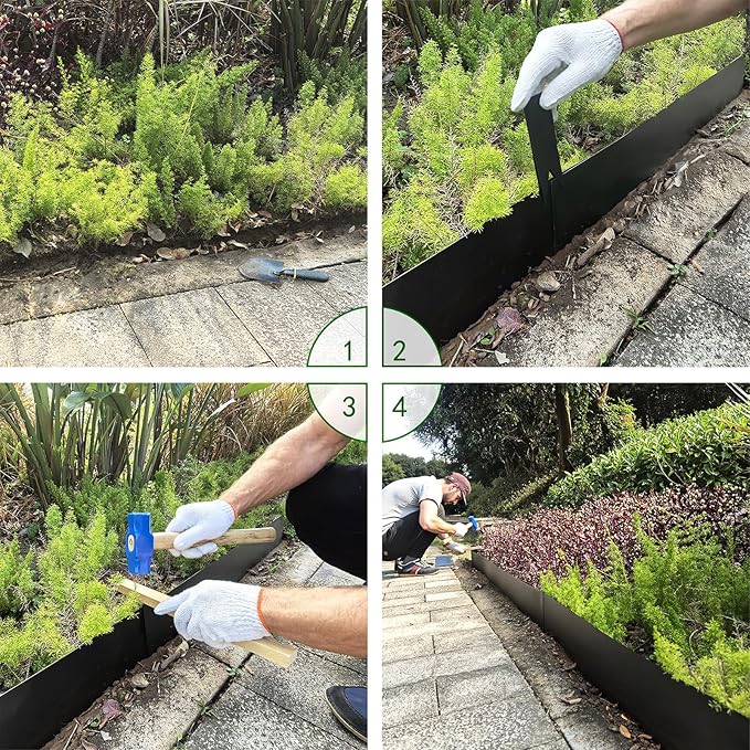 Metal Landscape Edging 6 Pack 40" L x 8" H,Galvanized Bendable Metal Garden Edging,Hammer- in Steel Landscape Edging with a Pair of Gloves and 7 Clips,Black (20 FT Total)