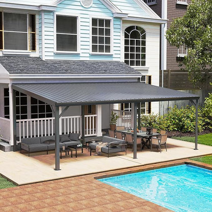12x20FT Lean to Gazebo, Outdoor Hardtop Wall Mount Gazebo with Gutter & Sloping Galvanized Steel Roof, Metal Hard Top Awnings for Deck, Porch, Backyard