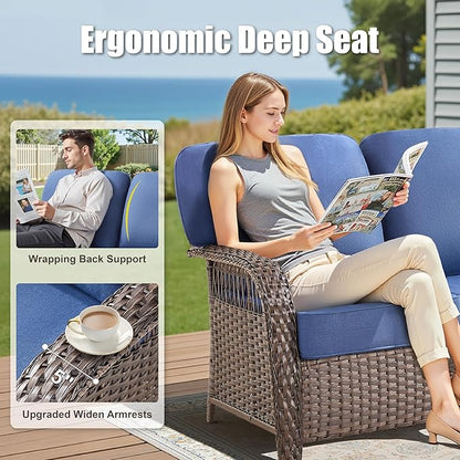 6 Pieces Patio Furniture Set Outdoor Sectional Sofa Couch with Rocking Swivel Chairs 5" Deep Seat Chairs, Modern Wicker Rattan Conversation Set, Blue/Brown Wicker