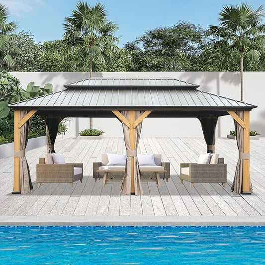 Domi 12' X 20' Wood Gazebo, Cedar Frame Hardtop Gazebo with Galvanized Steel Double Roof, Netting & Curtains, Patio Pergola Pavilion for Patio, Backyard, Deck, Lawns