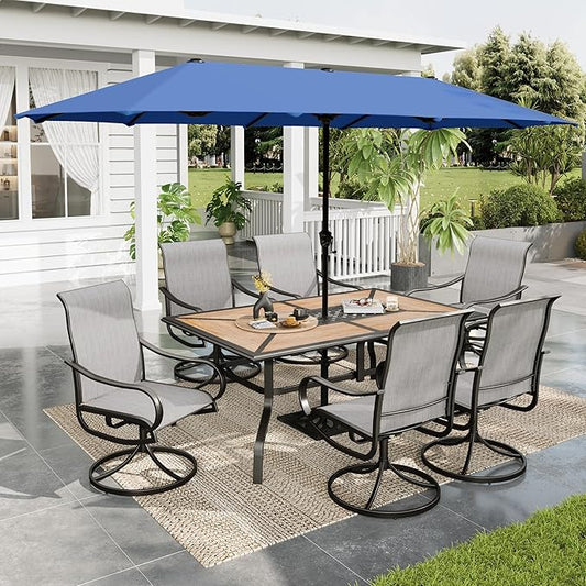 Sophia & William Patio Set with Umbrella Patio Dining Set for 6 with 13ft Rectangle Patio Umbrella Navy, 6 x Patio Chairs Grey, 1 Wood Like Outdoor Dining Table with Umbrella Hole for Lawn Garden