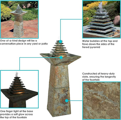 Sunnydaze 40-Inch Slate Outdoor Water Fountain - Layered Pyramid Outdoor Water Feature with LED Lights for Patio, Deck, Garden