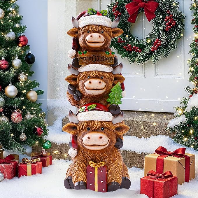 Christmas Highland Cow Decor with Solar Light Triple Highland Cow Christmas Decorations Gifts for Women Mom Funny Highland Cows Garden Statues for Garden Patio Lawn Yard Decor(Multicolor)
