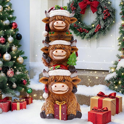 Christmas Highland Cow Decor with Solar Light Triple Highland Cow Christmas Decorations Gifts for Women Mom Funny Highland Cows Garden Statues for Garden Patio Lawn Yard Decor(Multicolor)