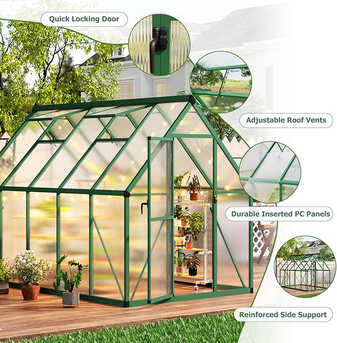 CABIHOME 6x9 FT Outdoor Greenhouse, Polycarbonate Greenhouse with Roof Vent and Ground Nails, Aluminum Large Walk-in Green House w/Lockable Push Door for Outside Garden Backyard (Green, 6x9 FT)