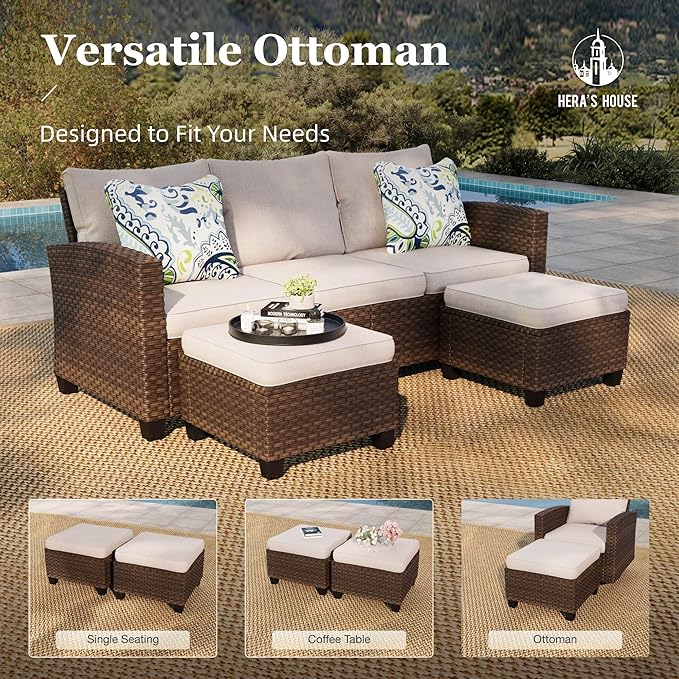 HERA'S HOUSE Wicker Patio Furniture Set, 7 Pieces Outdoor Seating Furniture, Patio Conversation Sofa Sets with Ottomans for Backyard Lawn Deck, Beige