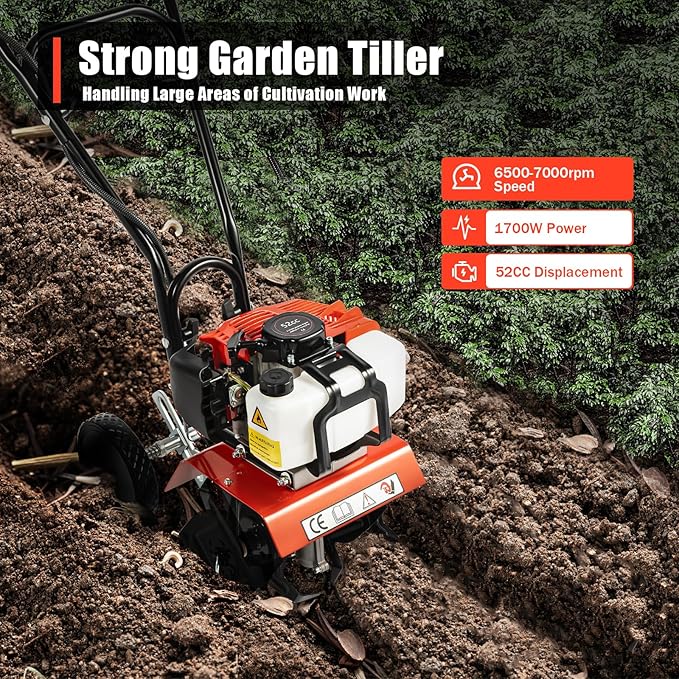 Gas Mini Tiller Cultivator 52CC 2 Stroke Gasoline Powered Soil Garden Cultivator 11.8" Tilling Width Soil Tilling Machine Farm Plant Garden Yard Lawn Tilling