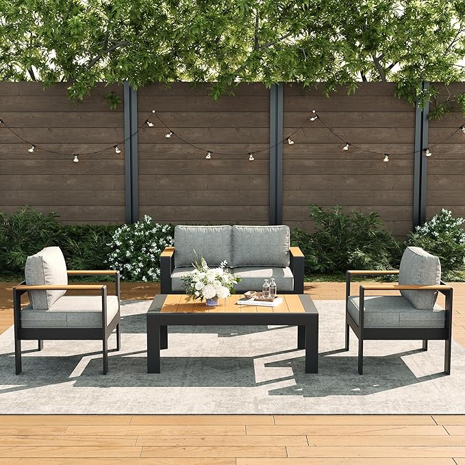 LayinSun 4 Piece Aluminum Outdoor Furniture Set with Coffee Table, Outside Patio Deep Seating Conversation Set with Upgraded Washable Thick Cushion