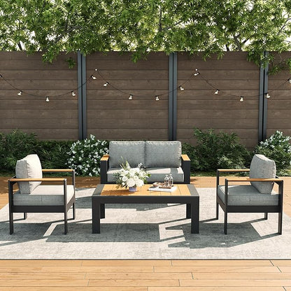 LayinSun 4 Piece Aluminum Outdoor Furniture Set with Coffee Table, Outside Patio Deep Seating Conversation Set with Upgraded Washable Thick Cushion