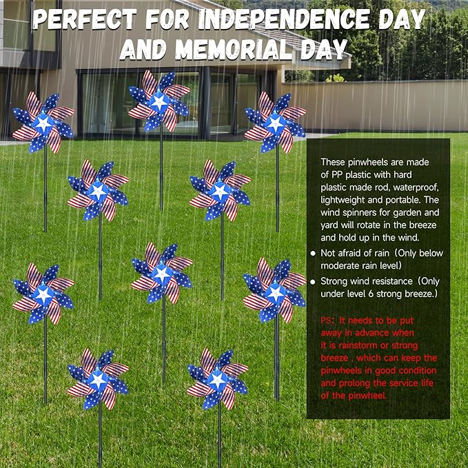 10 PCS Reflective Pinwheels for Yard and Garden Bird Devices Pre-Installed Sparkly Wind Spinner Deterrent to Scare Birds Away from Yard Patio Farm (Red&White&Blue)