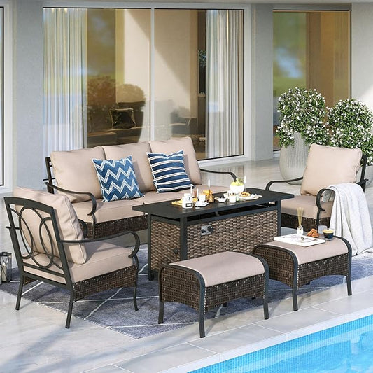MFSTUDIO Outdoor Patio Furniture Set with 56" Fire Pit Table, 6 PCS Metal Patio Conversation Sets for 7, Patio Sectional Set with 3-Seat Sofa, 2 Ottoman, 2 Fixed Sofa Chairs, 1 Fire Pit Table
