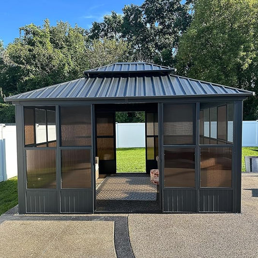 PURPLE LEAF 12' X 14' Solarium Sunroom Permanent Hardtop Gazebo Galvanized Steel Double Roof Aluminum Outdoor Screen House for Lawn Deck Backyard Grey