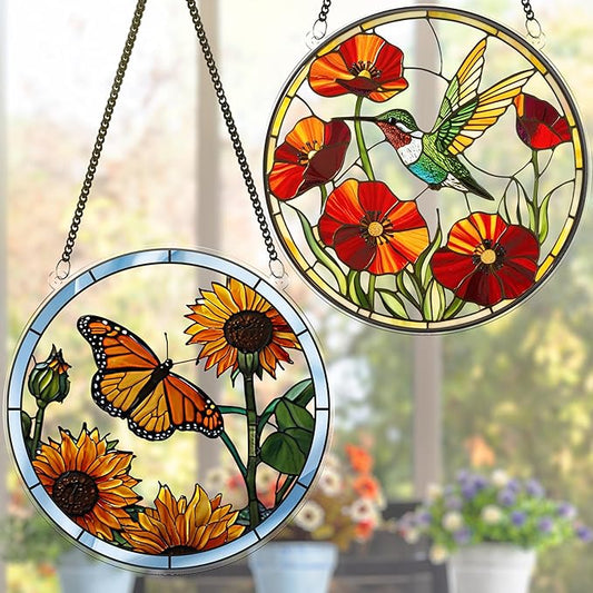 2 Hummingbird Butterfly Acrylic Suncatcher, Art Decor for Home, Suncatcher for Window Hanging Indoor, Garden, Housewarming, Gift for Mom, Grandma, Women, Friend, Bird Lover SCB-A6-B2