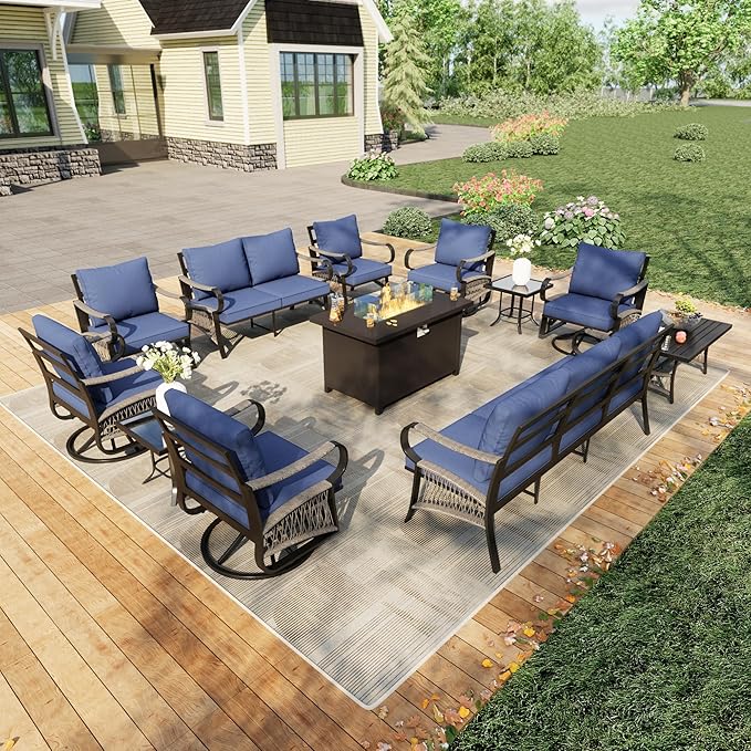 12 Pieces Modern Patio Furniture Set, All Weather Metal Outdoor Conversation Sets with Fire Pit Table for Backyard Garden Deck Porch Poolside, Blue