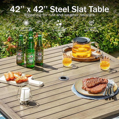 PHI VILLA 5 PCS Patio Dining Set, 4 Padded Swivel Dining Chairs & Square Brown Metal Slat Table Top with 1.57" Umbrella Hole, Outdoor Table and Chairs for All Weather