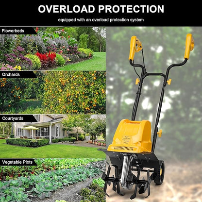 Electric Tiller/Cultivator 4 Steel Tines, 8'' Tilling Depth Garden Roto Tillers for Gardening, 13.5 Amp 12 Inch Corded Rototiller with Adjustable Wheels, Yellow