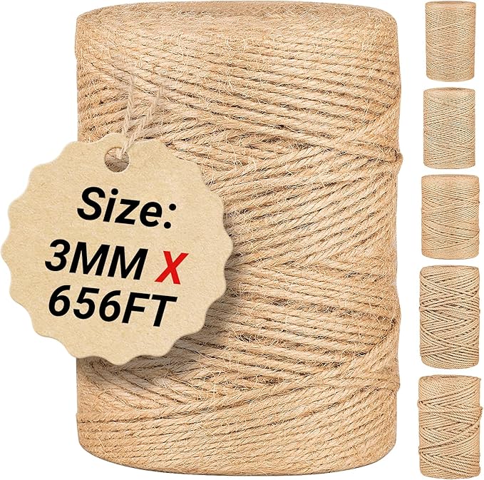 Natural Jute Twine String,Bulk Jute Rope Cord Twine for Crafting Gardening,Roll of Thick and Thin Twine for Gift Wrapping,Brown Decorative Rope,Ornament Twine for Cat Scratch Post (3mm x 656ft)
