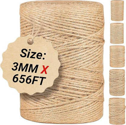 Natural Jute Twine String,Bulk Jute Rope Cord Twine for Crafting Gardening,Roll of Thick and Thin Twine for Gift Wrapping,Brown Decorative Rope,Ornament Twine for Cat Scratch Post (3mm x 656ft)