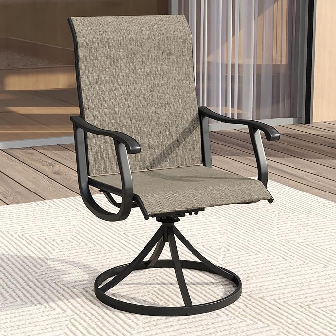 VICLLAX Patio Dining Set for 4, 5 Pieces Outdoor Furniture Includes 40.6" Round Patio Table with Umbrella Hole and 4 Outdoor Swivel Chairs for Lawn Garden, Black Tabletop and Mixed Brown Fabric