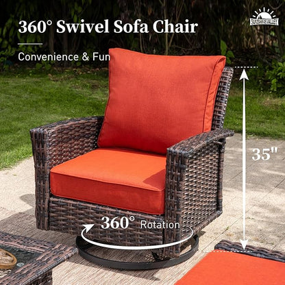Patio Wicker Swivel Chairs Set of 2, Outdoor High Back Chairs with 5.5" Waterproof Cushions, Outdoor Furniture Set for Deck Porch and Yard, Peacock Blue