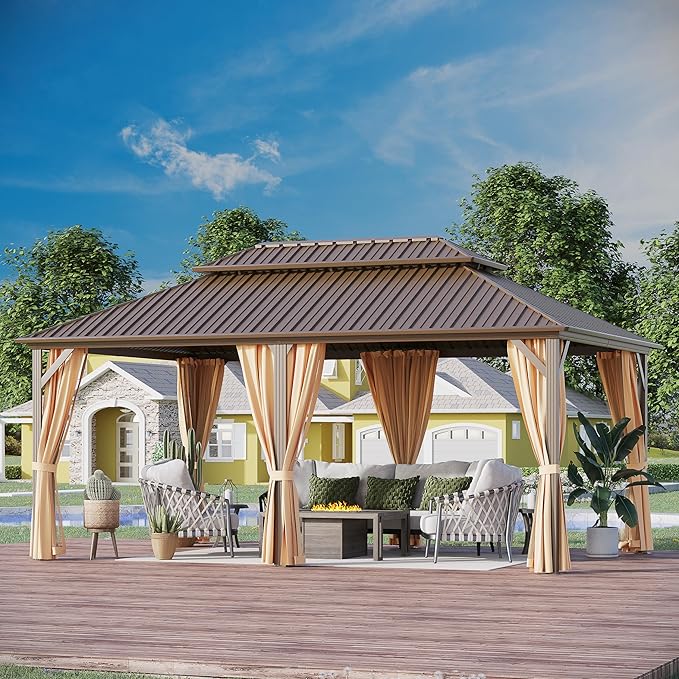 12x18 ft Hardtop Gazebo Outdoor Aluminum Patio Gazebo Double Roof Galvanized Steel Canopy with Netting and Curtains for Garden, Backyard, Deck and Lawns.