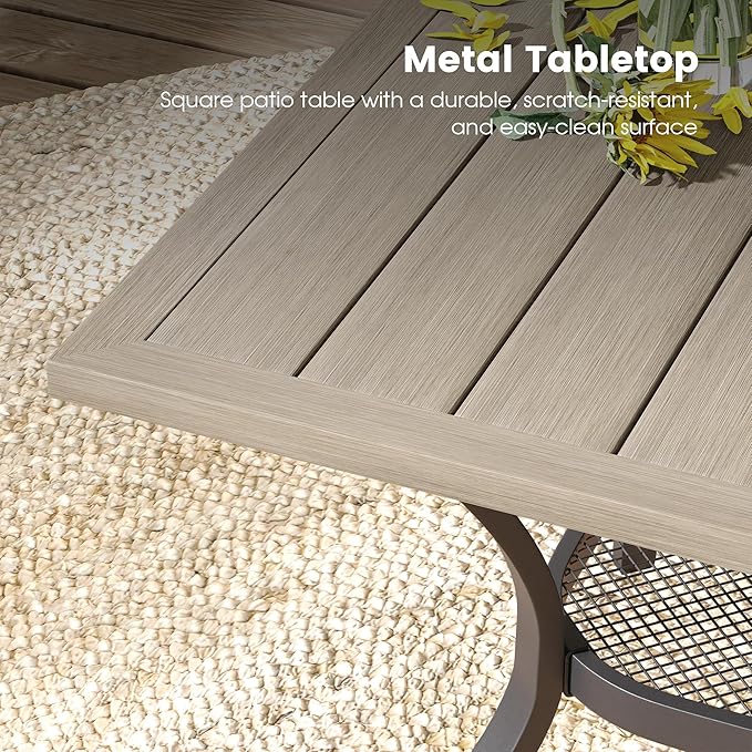 DIFY Outdoor Dining Table, Patio Square Metal Dining Table with 1.57" Umbrella Hole for 4 Person, Ideal for Poolside, Deck, Garden and Balcony, Grey Wood-Like