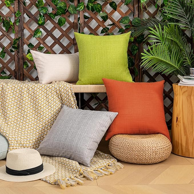 Kevin Textile Fall Outdoor Waterproof Throw Pillow Covers Decorative Farmhouse Water Resistant Checkered Cushion Covers for Tent Patio Garden Couch Sofa Pack of 2 (20x20 Inch Orange)