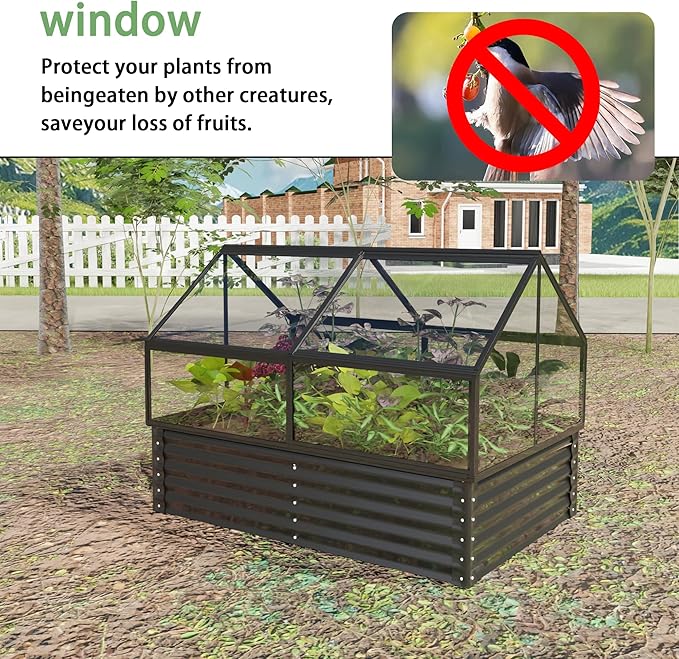 68.7" Raised Garden Bed with Greenhouse Cover, Galvanized Steel Planter Box with Open Bottom Drainage, Dual Use Outdoor Metal Planter for Vegetables Flowers and Herbs