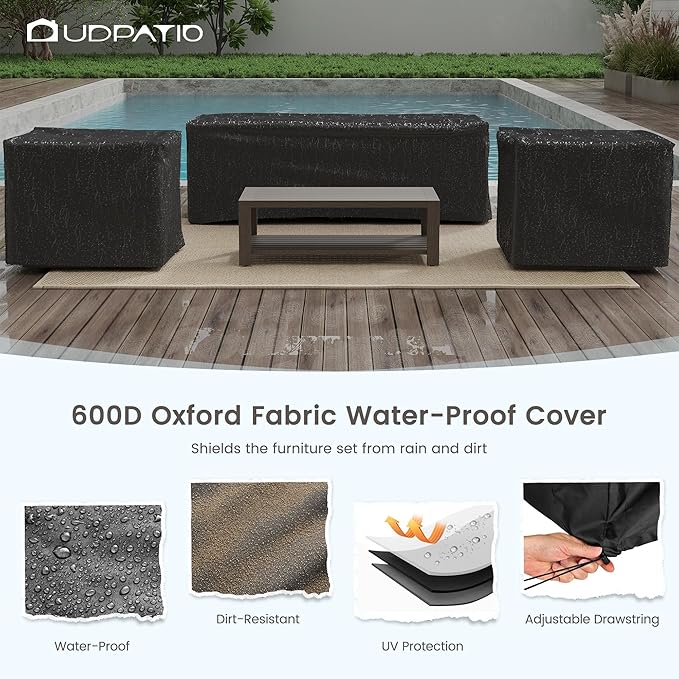UDPATIO 4 Piece Faux Wood Aluminum Patio Furniture Set Modern Outdoor Furniture Sets with Coffee Table for Deck Porch Patio, 600D Waterproof Cover Included, Dark Grey