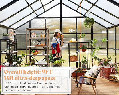 AMERLIFE 12x13.5x9 FT Polycarbonate Greenhouse with Quick Connector Fast Assembly, Large Greenhouses for Outdoors, Swing 2 Doors 4 Vents , Black