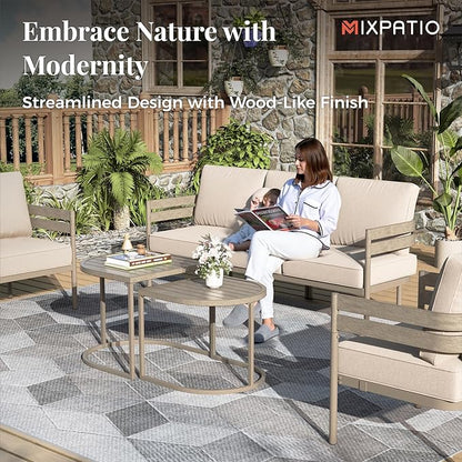 5-Piece Outdoor Patio Conversation Furniture Set, Sectional Outdoor Furniture with Washable Thick Cushions, Steel Modern Conversation Set with Nesting Coffee Table for Porch, Balcony - Beige