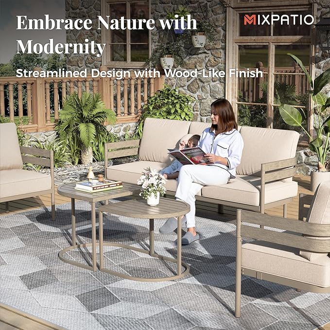5-Piece Patio Outdoor Conversation Furniture Set with 2 Swivel Chairs, Steel Modern Outdoor Patio Conversation Sets with Thick Cushions for Porch, Balcony, Backyard - Beige