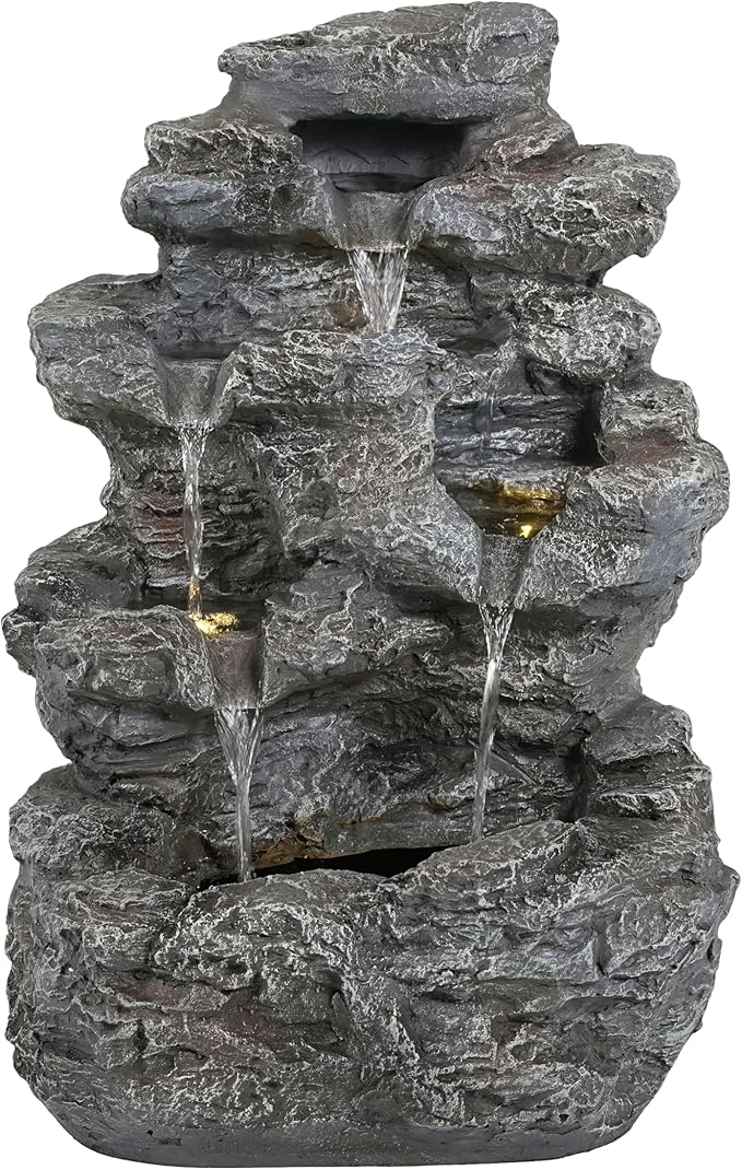 5-Tiered Concrete Tall Slim Fountain, 23.85" H –LED-Lit Column, Space-Saving Modern Outdoor Accent, All-Weather Resistant