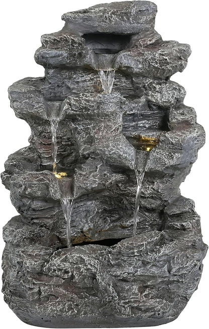 5-Tiered Concrete Tall Slim Fountain, 23.85" H –LED-Lit Column, Space-Saving Modern Outdoor Accent, All-Weather Resistant