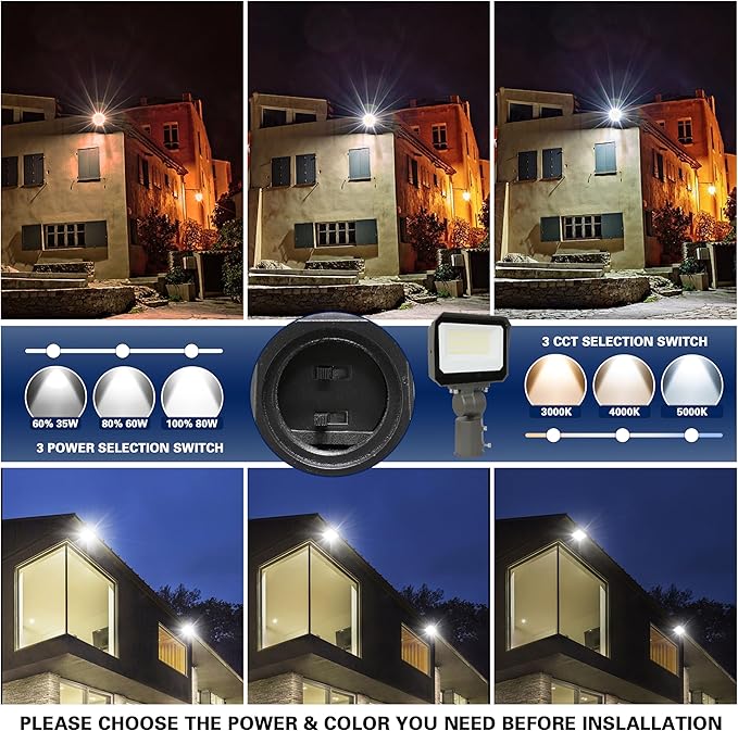 LAMPHOME LED Flood Lights Outdoor 35/60/80W and 3000/4000/5000K Adjustable 10400Lm,Dusk-to-Dawn Sensor o Dawn Flood Light for Yard, Garage, Garden,UL Listed,Includes Knuckle Mount