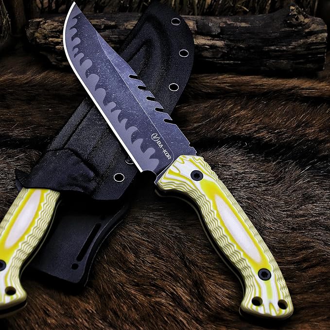 BA-KOR 12.4in Full Tang Fixed Blade Hunting Knife – 6mm 9CR18MoV Steel, G10 Handle, Stonewashed Sawback Blade with Kydex Sheath & Fire Starter for Outdoor, Camping, Survival (White and yellow stripes)